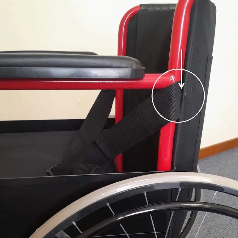 Wheelchair Safety Restraint Belt 5 Wheelchair safety restraint belt installed on wheelchair side frame and backrest